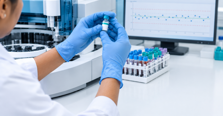 Lab technician running quality control checks on an automated analyzer