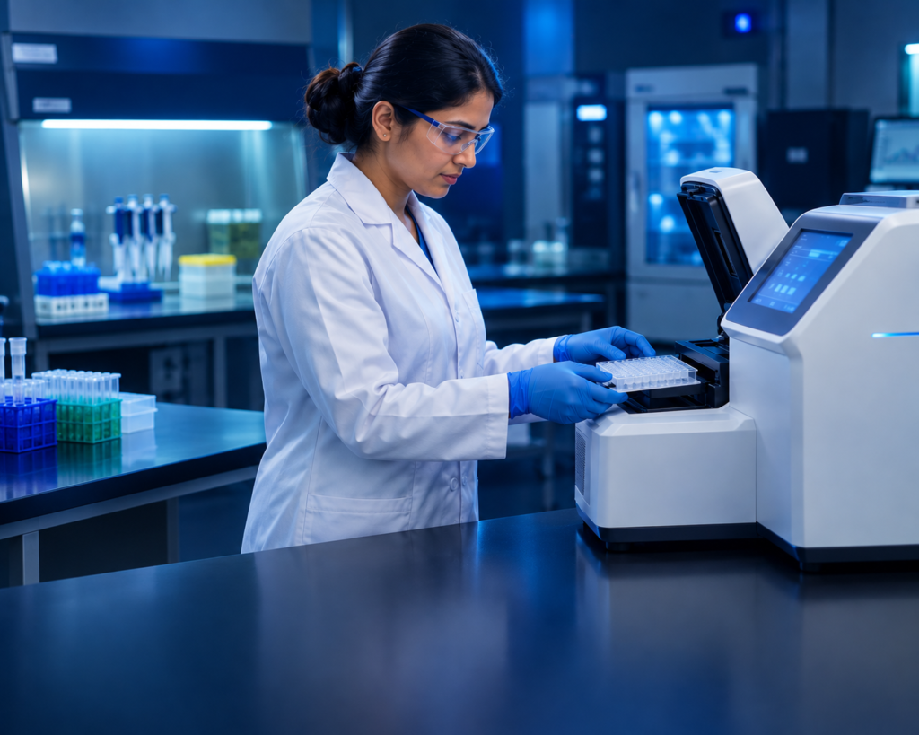 Scientist loading samples into a real-time PCR machine in the IntenCiv molecular diagnostics lab